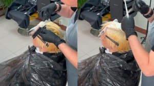 Обесцвечивание седых и сильно отросших волос в блондин без желтизны и рыжины.