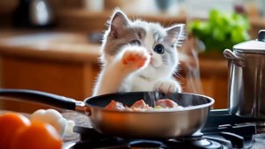 котёнок готовит макароны