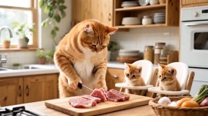 Мама-кошка собирает картошку и готовит котятам