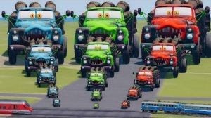 Большой и маленький грузовик-зомби с бревнами против поездов | BeamNG.Drive