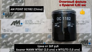 Распил масляного фильтра AM POINT OC1182 (China). Аналог MANN W7061 (2,0 атм) и W712/73 (1,0 атм)