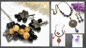 Ягоды смородины из стекла. Эффектные колье и серьги. Украшения с муранскимим бусинами и камнями.