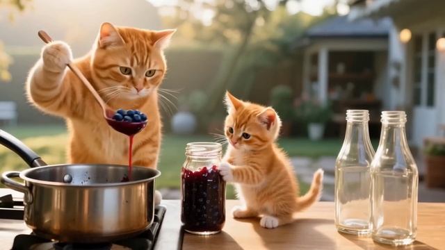 Котенок и мама-кошка варят вкусное черничное варенье😋😺🫐