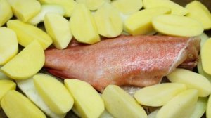 Морской окунь, запеченный в духовке с овощами