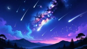 Звёздный дождь над горами: магия космоса в розово-синих тонах (создано в AI).