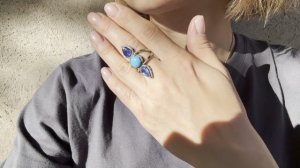 Кольцо с кианитами, бирюзой и бриллиантами Размер 16,5 ХХХ173