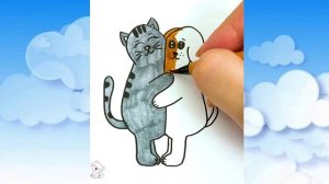 Как легко нарисовать собачку и кота, которые обнимаются