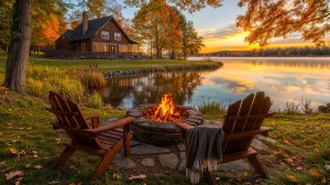 🍂 Спокойная атмосфера осеннего утра в домике 🌅 Уютный костер, звуки воды и умиротворяющий отдых