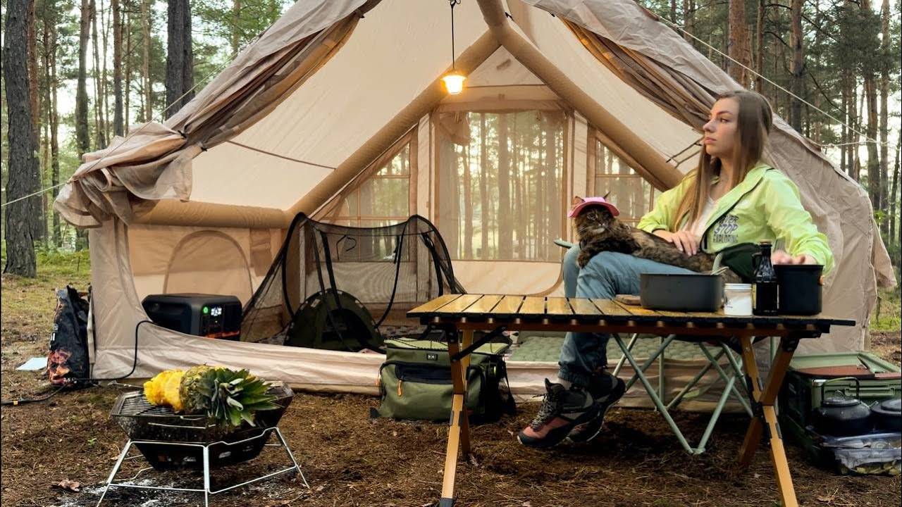 Одиночный кемпинг с котом 🐾 Надувная палатка, Солнечные батареи и ужин из лосося | ASMR Forest Camp смотреть онлайн