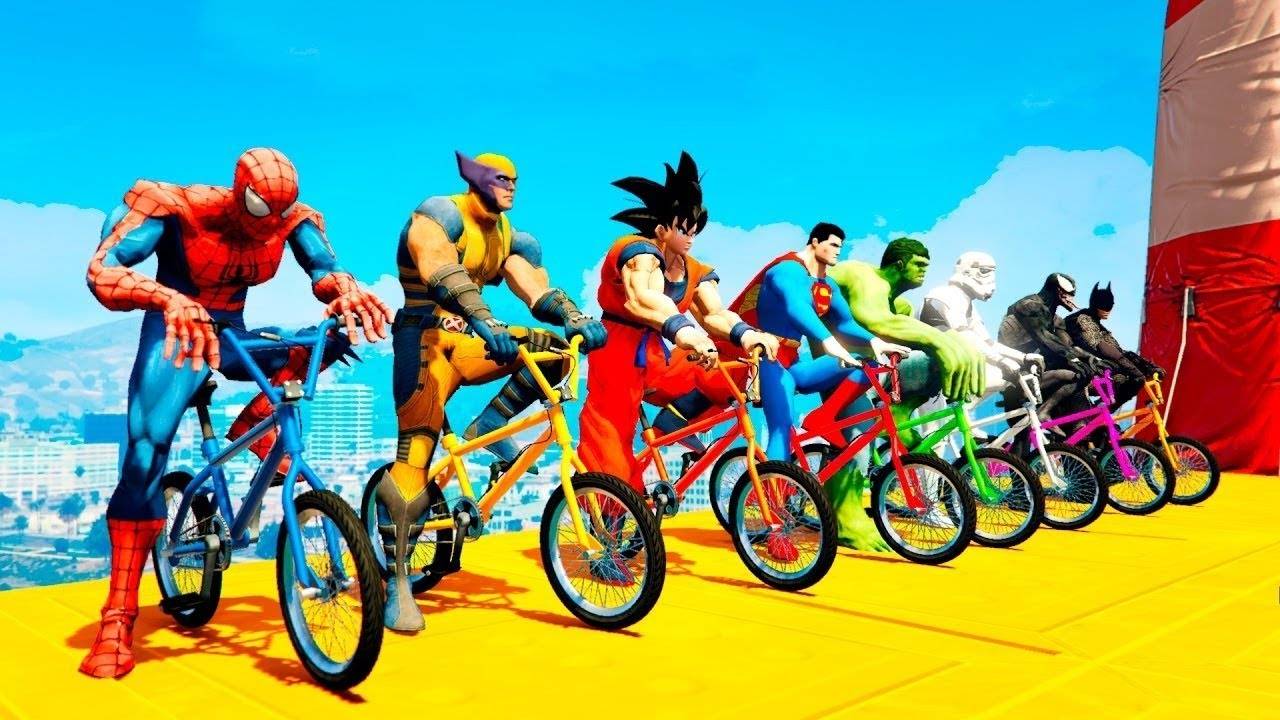 Мультяшные велосипеды и цветные лодки для детей супергерои и Человек-паук Смешной мультик для детей