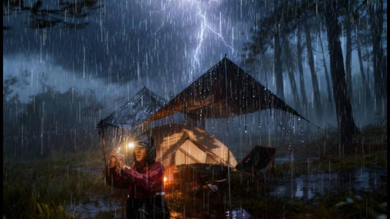 КЕМПИНГ ПОД СИЛЬНЫМ ДОЖДЁМ С САМЫМ БЕЗУМНЫМ ГРОМОМ // пытаюсь построить укрытие под сильным дождём смотреть онлайн