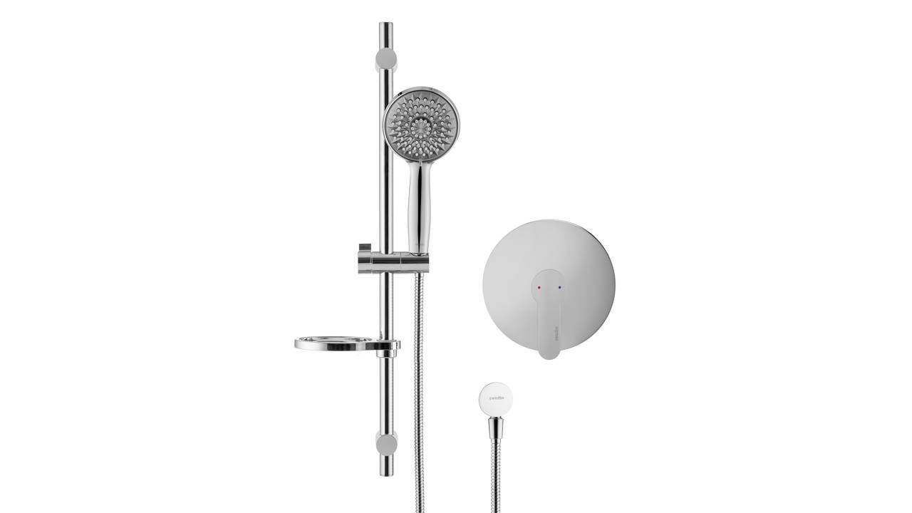 Распаковка душевого комплекта со встраиваемым смесителем и серой лейкой Swedbe Platta 5528G1 смотреть онлайн