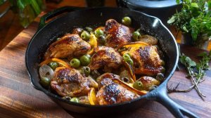 Курица с апельсином и оливками в одной сковороде