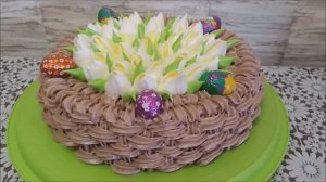 Украшение торта белково заварным кремом. КОРЗИНА С ТЮЛЬПАНАМИ. Как украсить торт кремом