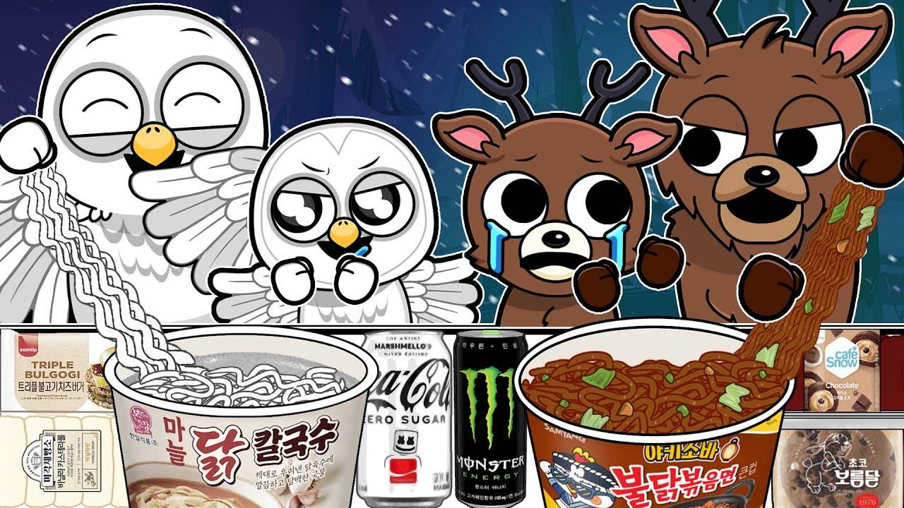 Сова ПРОТИВ оленя (+Малыш) В мини-маркете МУКБАНГ | Анимация "99 ночей в лесу" смотреть онлайн