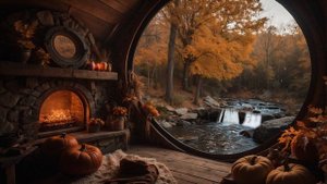 Уютная осенняя обстановка 🍂 Звуки расслабляющего журчащего ручья и треск печи, День благодарения