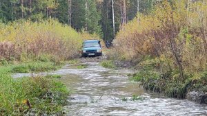 Внедорожники передвигаются по затопленной дороге, в воде скрываются камни