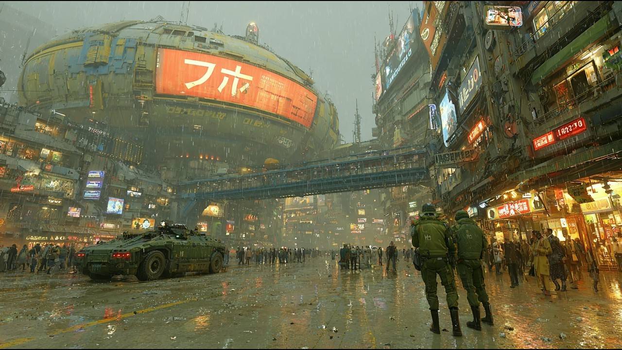 Cinematic Neon Plaza / Cyberpunk Patrol with Film Look