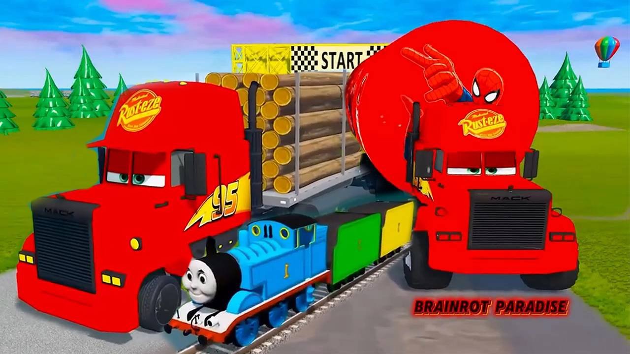 Большой и маленький длинный грузовик с цистерной Человек-паук против поездов Томас