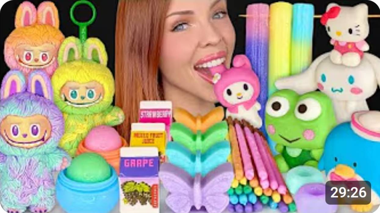 ASMR MUKBANG, Pastel Food, Съедобный Лабубу, Hello Kitty, My Melody, Purin, Tuxedo смотреть онлайн