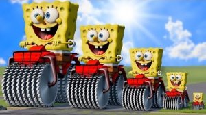 Большой и маленький Губка Боб на квадроцикле Double Monster Saw Wheels против поезда