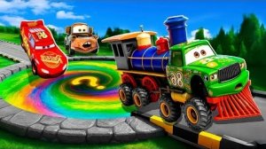 Трансформация радужного ПОРТАЛА в яму: Большая и маленькая Молния Маккуин и Мама против машинок