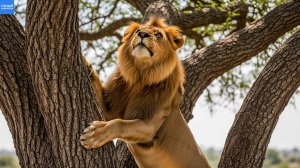 Лев отобрал добычу у леопарда на дереве