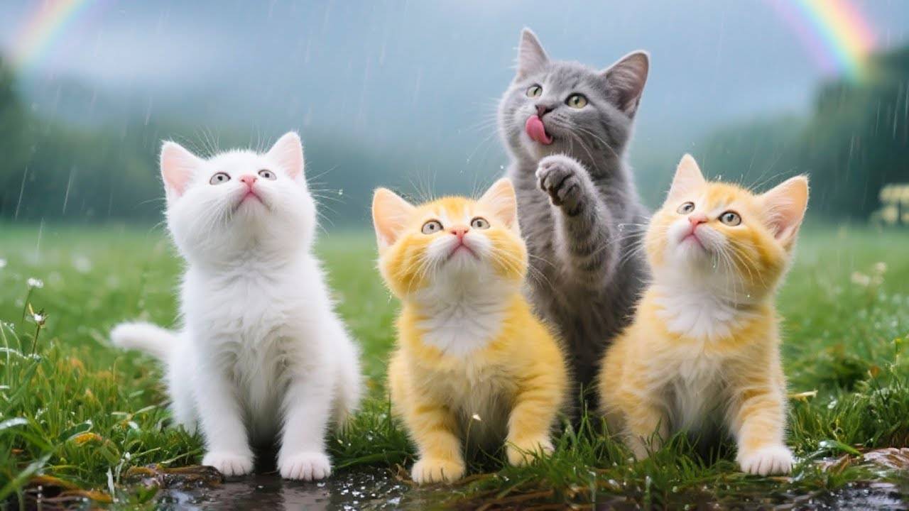 😹Красивые Котята мило мяукают в дождливой траве и смотрят на радугу🔥