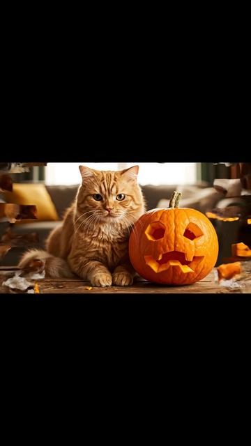 Мой кот сам вырезал тыкву на Хэллоуин 🎃 (у него свой стиль) | Cat Carves a Pumpkin #shorts