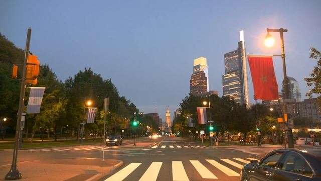 Филадельфия 4K - поездка на закате солнца в центре города - США