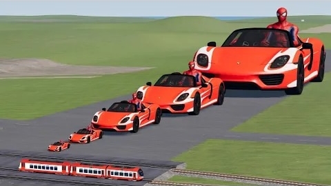 Большой и маленький человек-паук на машине против поезда Томаса | BeamNG.Drive