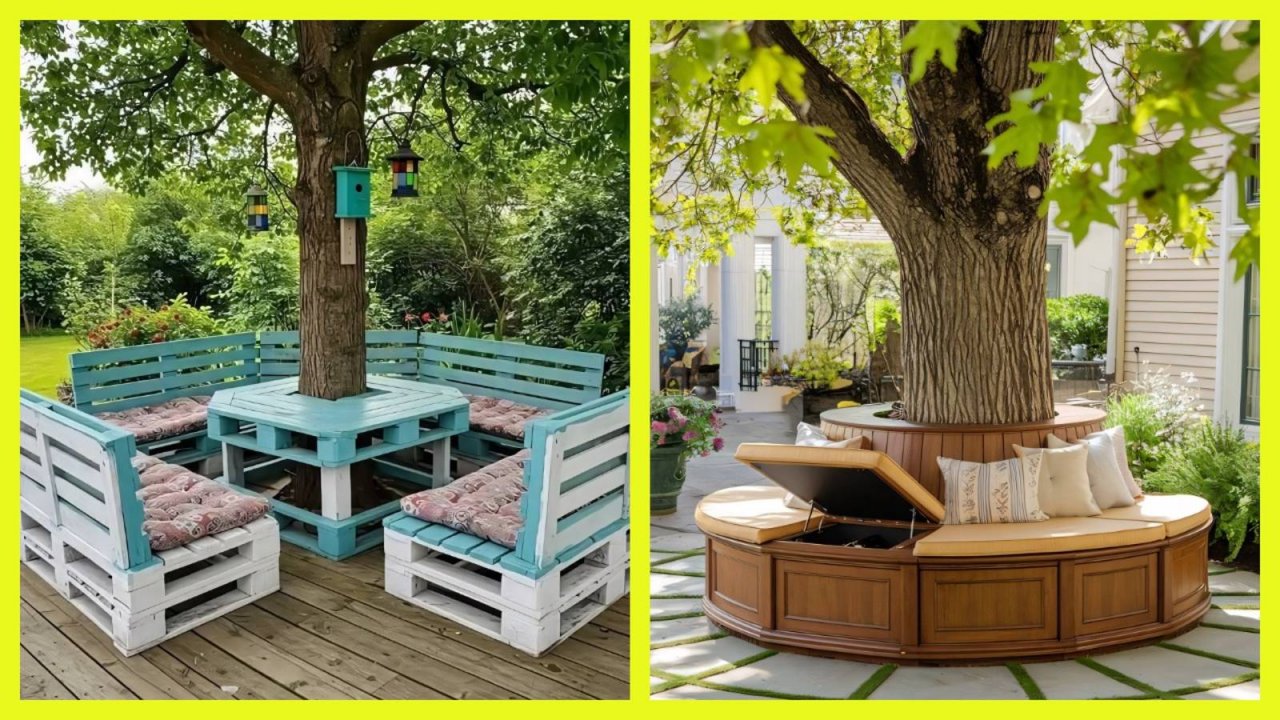 Зона отдыха вокруг дерева в саду: уют и гармония с природой 🌳