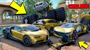 Угнал кучу золотых чит тачек и огромный монстр трак у мажора за 180 сек! Битва воров в ГТА 5 Онлайн