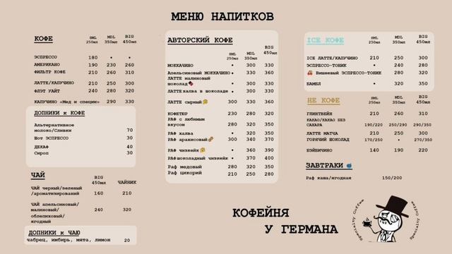 Меню напнапитков
Кофкйня у Германа