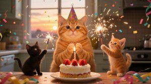😹Мама кошка празднует своё день рождения со своими маленькими котятками🔥