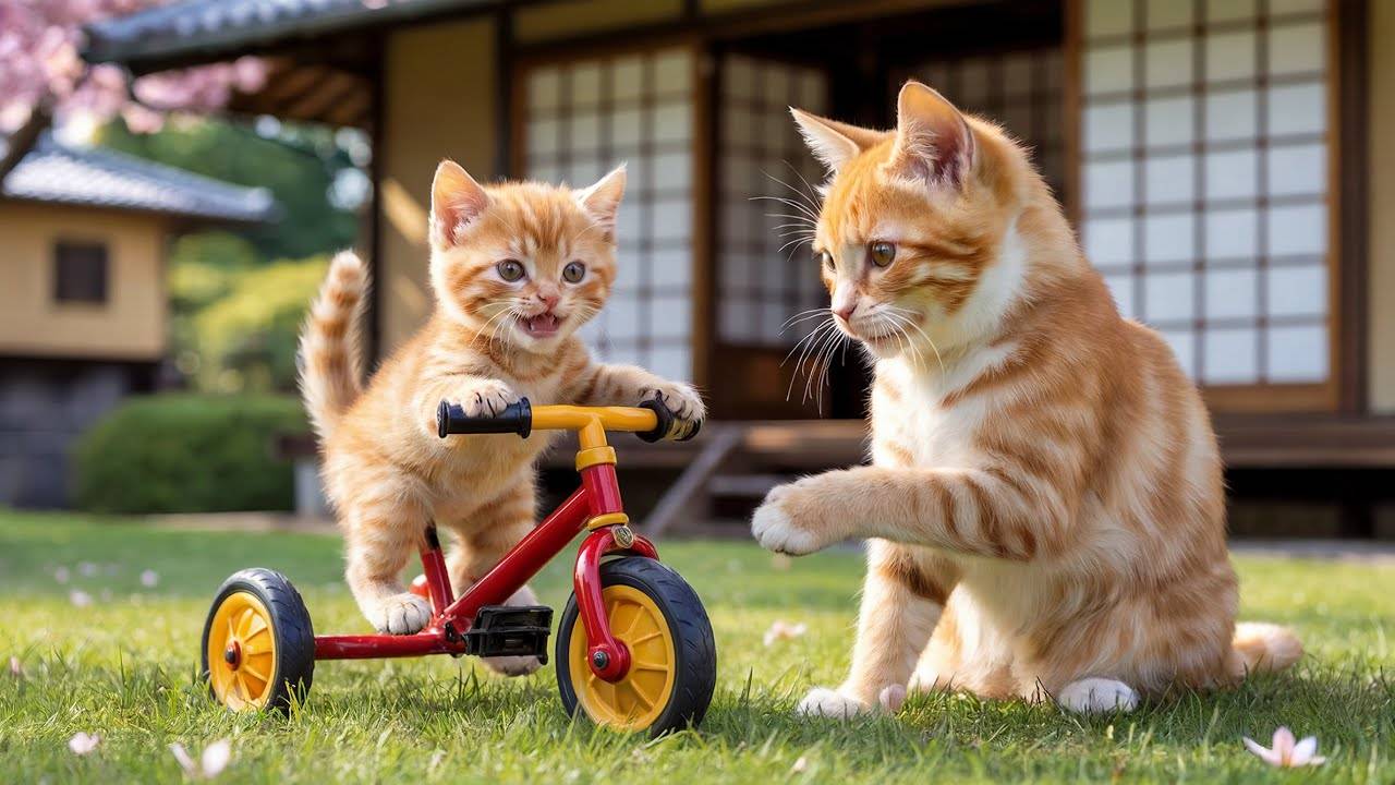 😹Мама кошечка учит своего маленького котёночка кататься на велосипеде🔥