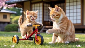 😹Мама кошечка учит своего маленького котёночка кататься на велосипеде🔥