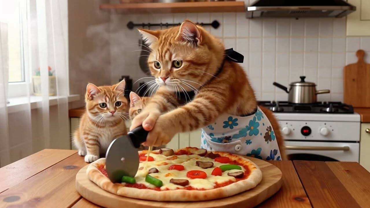 😹Мама кошка режет пиццу для своего любимого котёночка🔥