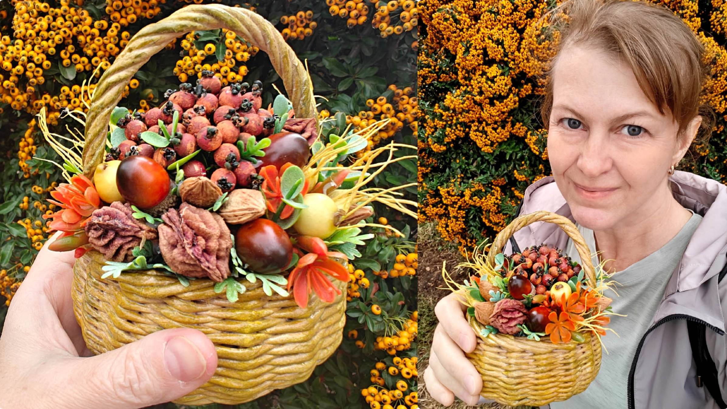Осенняя корзинка с рябиной из бусин