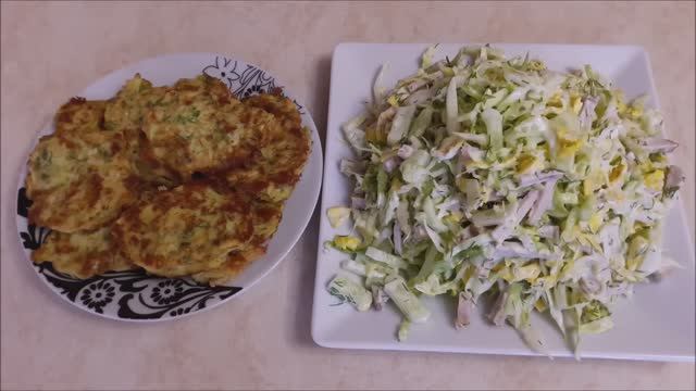 Кабачковые оладьи с вкусным салатом из молодой капусты ЛЕГКИЙ УЖИН овощи рецепты