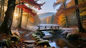 Таинственный осенний лес: мостик, паутина и золотой свет рассвета 🍂🕷️