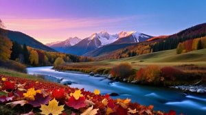 Осенняя сказка в горах: река, кленовые листья и заснеженные вершины на закате 🍁⛰️