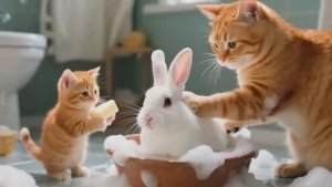 Кошка с котенком спасают кролика.