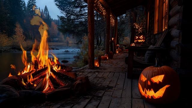 Ночь Хэллоуина в лесной хижине 🎃 | Расслабляющий звук костра и реки для сна