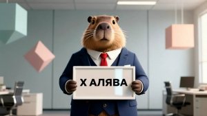 Капибара в костюме, держащая табличку с надписью "ХАЛЯВА"