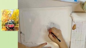 Микс.Акварельный скетчинг.Тыква и трамвайчик.