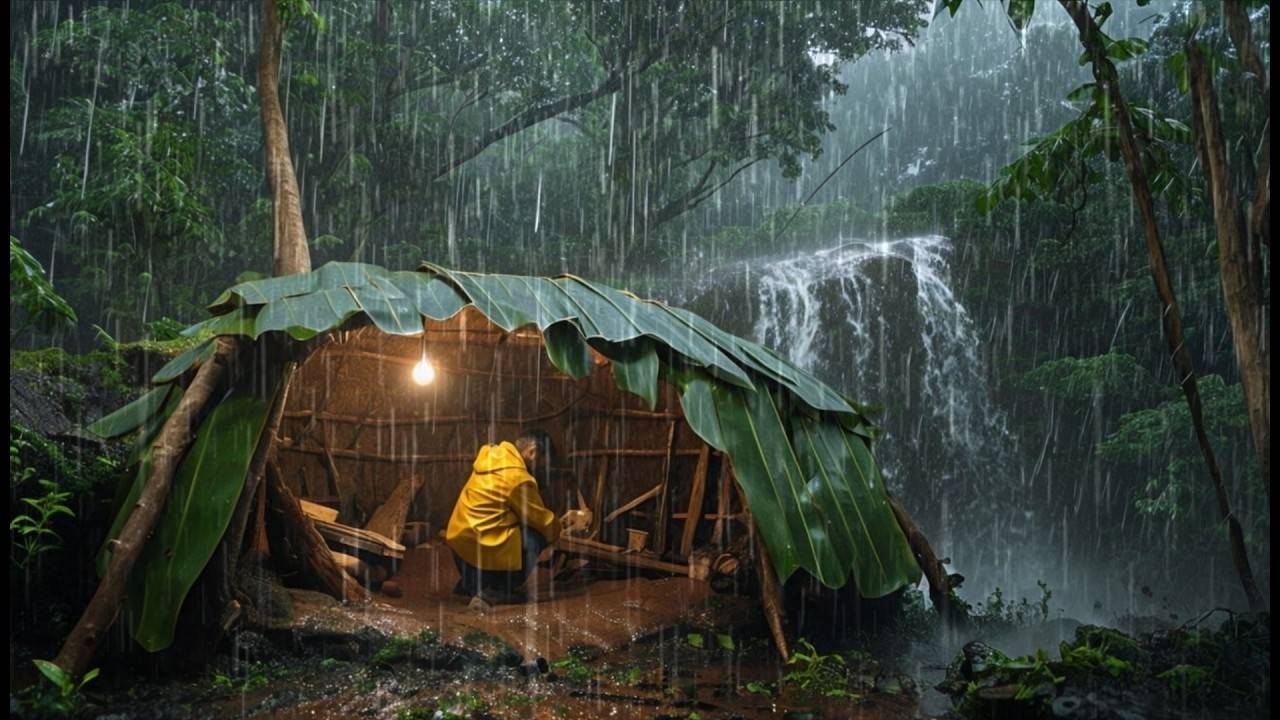 кемпинг под проливным дождем строительство теплого укрытия гром // приготовление курицы под проливны смотреть онлайн