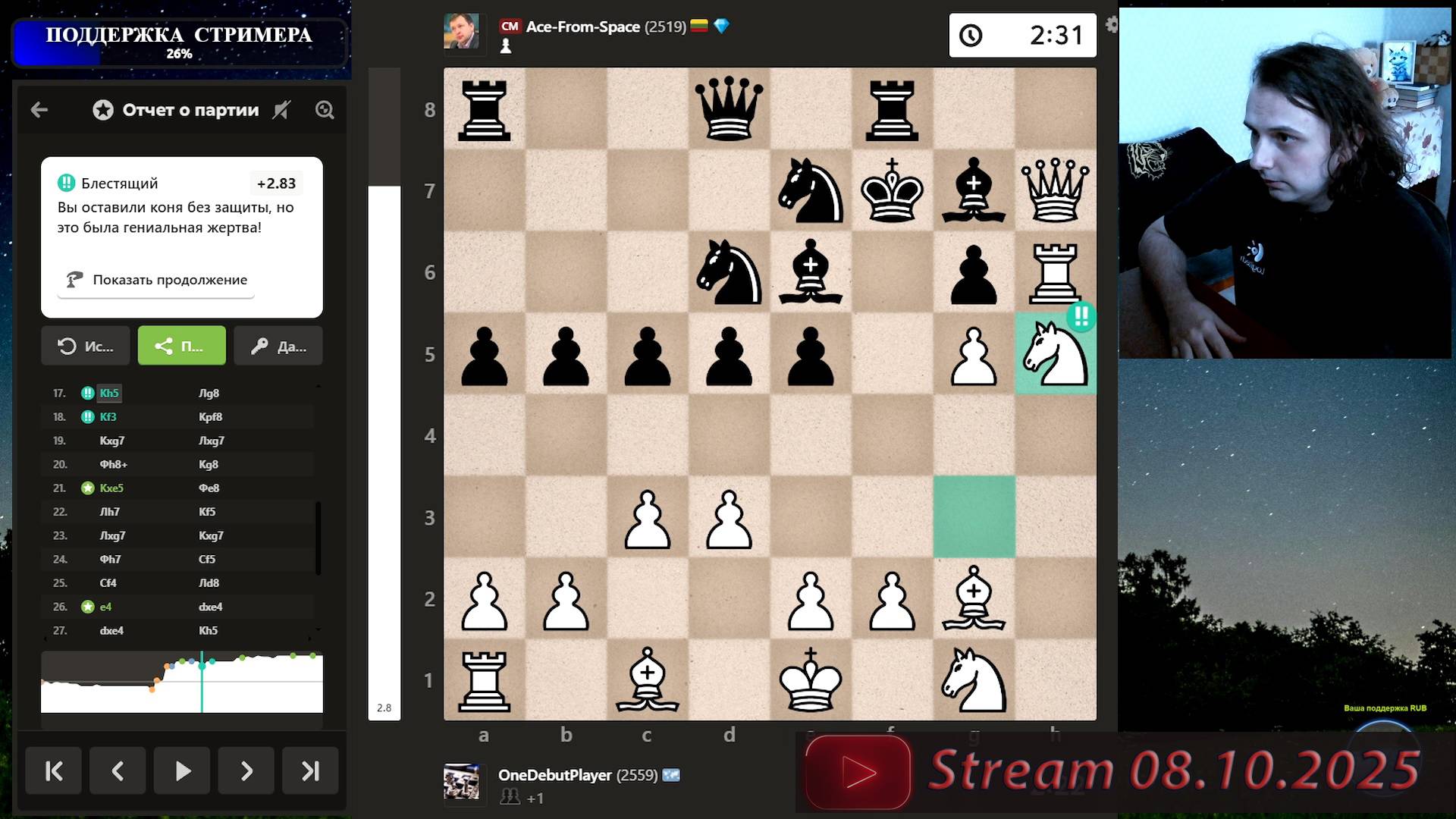 Блиц 3+0 на chess.com 08.10.2025 соперники от 2600 | Elshad system