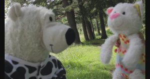 Мишка и Снежок гуляют в лесу и у реки. Природа, лес и река для детей.