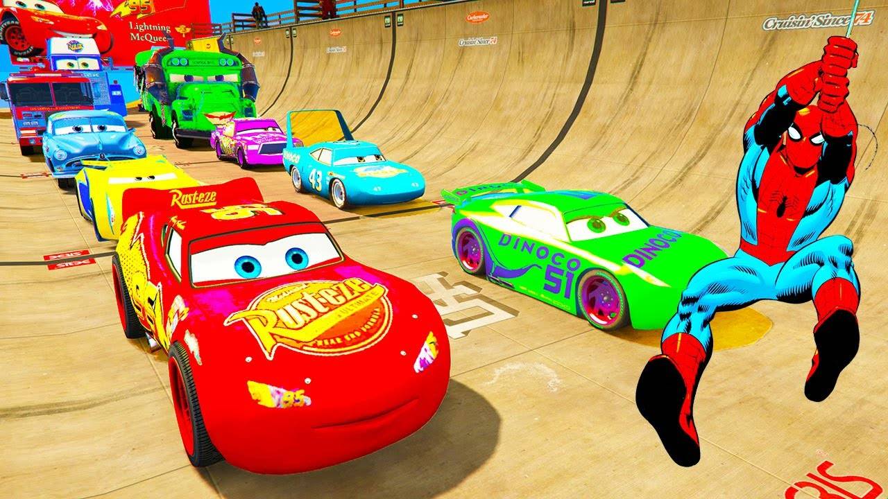 ЧЕЛОВЕК-ПАУК и Маккуин прыжок с трамплина СУПЕРГЕРОИ ХАЛК Железный Человек Гоку Мак Грузовик Тачки